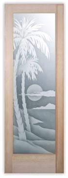 Handcrafted Etched Glass Interior Prehung Door or Interior Slab Door by Sans Soucie Art Glass with Custom Palm Trees Design Called Palm Sunset Creating Semi-Private