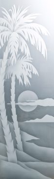 Handcrafted Etched Glass Interior by Sans Soucie Art Glass with Custom Palm Trees Design Called Palm Sunset Creating Semi-Private