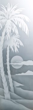 Handcrafted Etched Glass Interior Door Glass Insert by Sans Soucie Art Glass with Custom Palm Trees Design Called Palm Sunset Creating Semi-Private