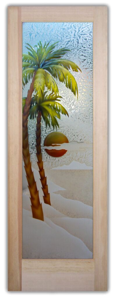entry door with stained glass look showing palm trees and sunset beach scene with textured privacy glass