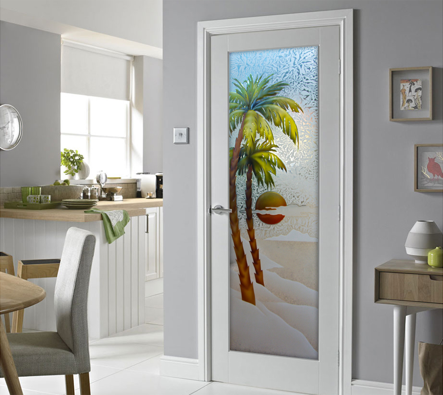 Palm Sunset Pantry Door
Semi-Private 3D Enhanced Painted Gluechip Glass Finish Tropical Decor Sans Soucie