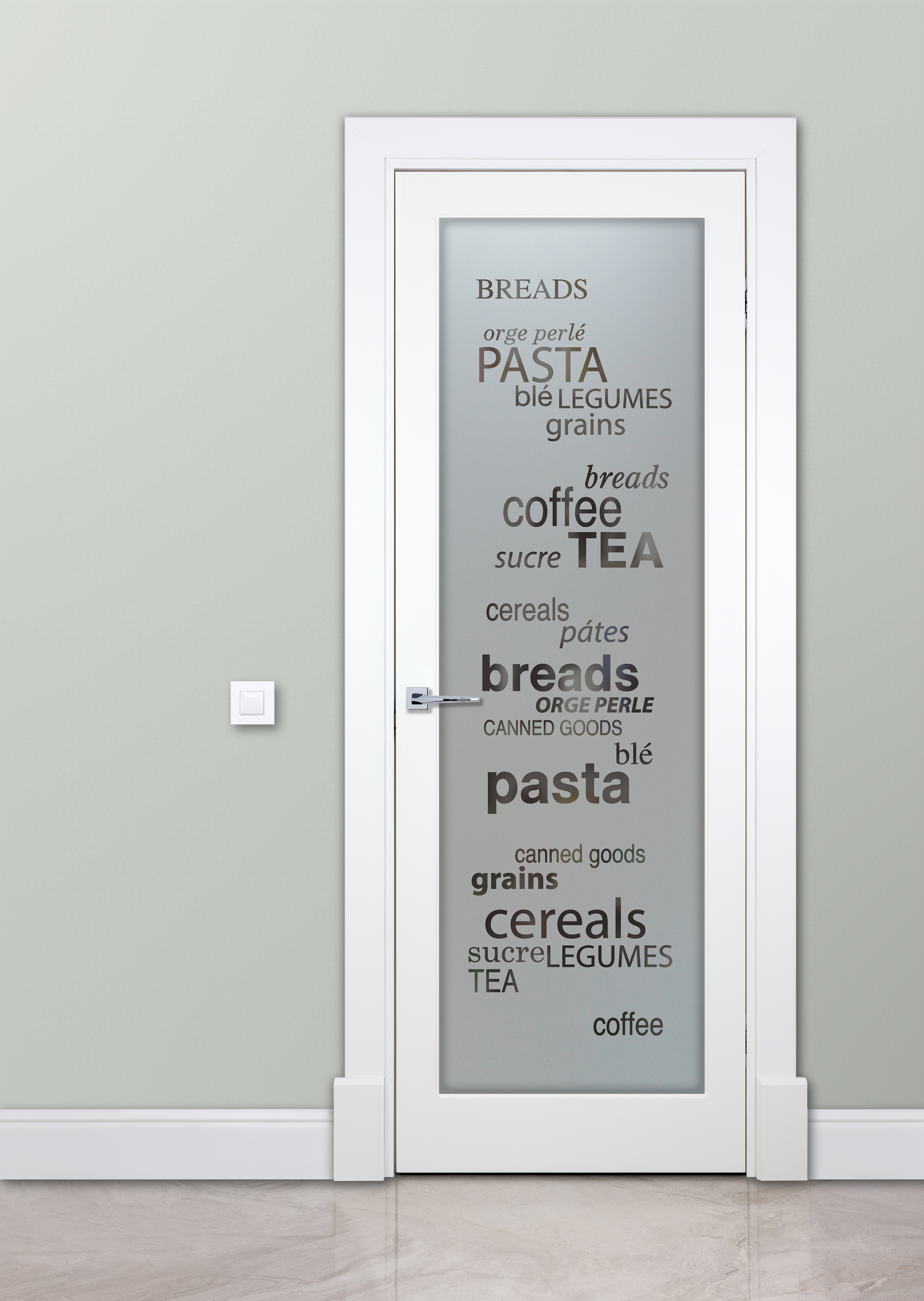 Frosted pantry door with stacked food-themed words in mixed fonts.