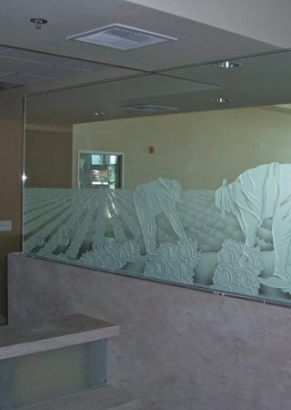 Partition with a sandblast Frosted Glass Landscapes Design Custom-Designed Decorative Etched Glass