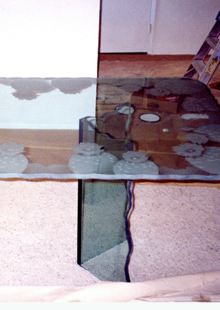 Glass Dining Table showcasing a Frosted Glass Desert Design with Sandblast Etched Glass Art by Sans Soucie Blooming Barrel Cactus Design