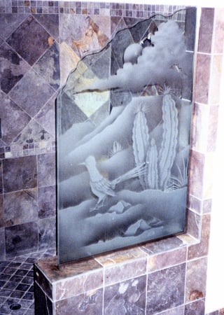 Shower Partition with a Frosted Glass Roadrunner Pipe Cactus Desert Design for Semi-Private by Sans Soucie Art Glass