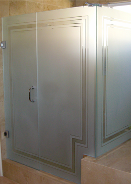 Art Glass Shower Enclosure Featuring Sandblast Frosted Glass by Sans Soucie for Semi-Private with Borders Pinstripe Border Design