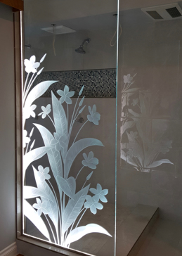 Handmade Sandblasted Frosted Glass Shower Panel for Semi-Private Featuring a Floral Design Plumeria by Sans Soucie