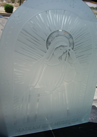 Window featuring a Frosted Glass Liturgical Design Sandblast Etched Glass Our Lady of Lourdes Design by Sans Soucie