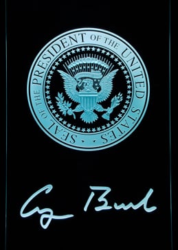 Art Glass Glass Sign Featuring Sandblast Frosted Glass by Sans Soucie for Semi-Private with Logos U.S Presidential Seal (similar look) Design