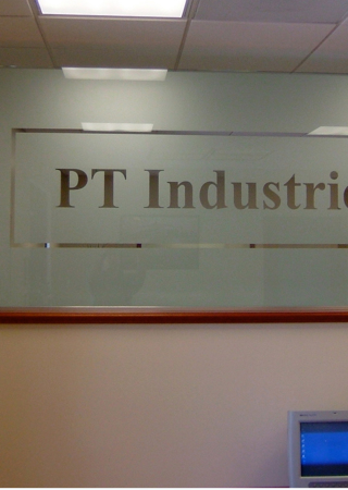 Partition with Frosted Glass Logos PT Industries (similar look) Design by Sans Soucie