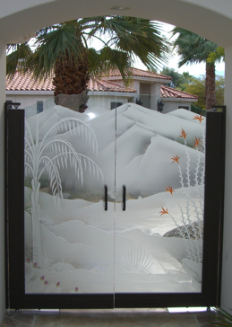 Handcrafted Etched Glass Gate Insert by Sans Soucie Art Glass with Custom Palm Trees Design Called Queen Palm Pear Cactus Creating Not Private