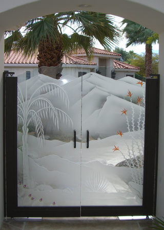 Gate Glass Insert featuring Frosted Glass Design Etched Glass by Sans Soucie Art Glass with Custom Palm Trees Design Queen Palm Pear Cactus