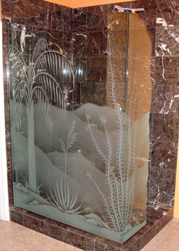 Handcrafted Etched Glass Shower Enclosure by Sans Soucie Art Glass with Custom Palm Trees Design Called Queen Palm Pear Cactus Creating Semi-Private