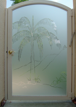 Handcrafted Etched Glass Gate Insert by Sans Soucie Art Glass with Custom Palm Trees Design Called Queen Palm Creating Semi-Private