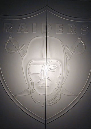 Glass Sign featuring Frosted Glass Design Etched Glass by Sans Soucie Art Glass with Custom Logos Design Raiders