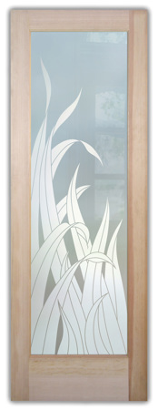 Bathroom Door featuring Frosted Glass Design Etched Glass by Sans Soucie Art Glass with Custom Foliage Design Reeds