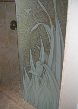 Handcrafted Etched Glass Shower Partition by Sans Soucie Art Glass with Custom Foliage Design Called Reeds Creating Semi-Private