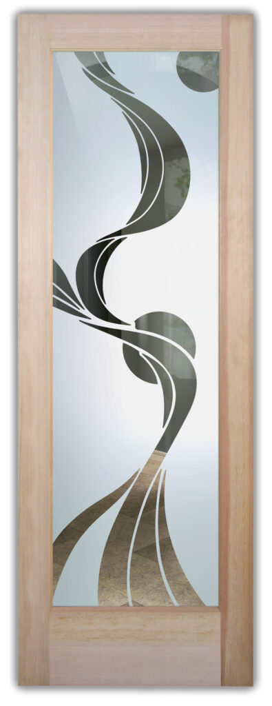 Ribbon Reflection Moons design on 1D negative etched glass door with semi-privacy and flowing abstract lines.