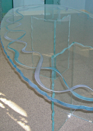 Glass Dining Table with a sandblast Frosted Glass Geometric Design Custom-Designed Decorative Etched Glass