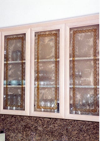 Cabinet Glass with a sandblast Frosted Glass Borders Design Custom-Designed Decorative Etched Glass