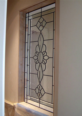 Window featuring Frosted Glass Design Etched Glass by Sans Soucie Art Glass with Custom Traditional Design Rosette