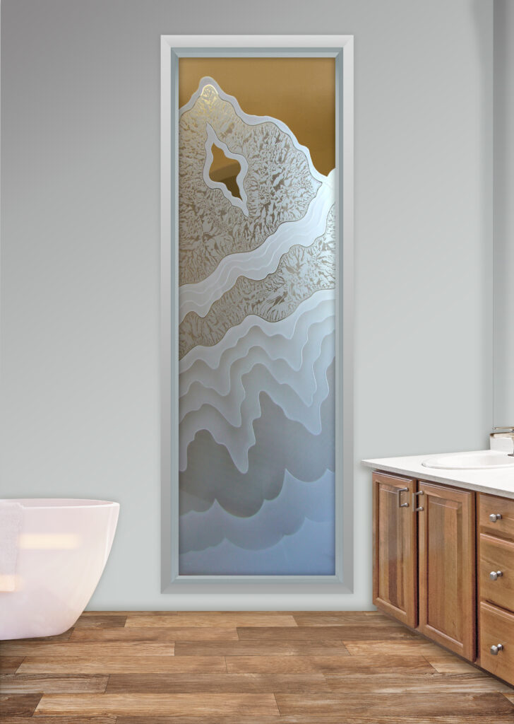 Carved frosted glass bathroom window with layered mountain landscape design