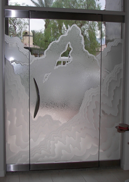 Semi-Private Exterior Glass Door with Sandblast Etched Glass Art by Sans Soucie Featuring Rugged Retreat Abstract Design