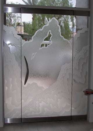 All Glass Front Door showcasing a Frosted Glass Abstract Design with Sandblast Etched Glass Art by Sans Soucie Rugged Retreat Design