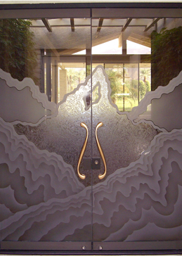 Semi-Private Exterior Glass Door with Sandblast Etched Glass Art by Sans Soucie Featuring Rugged Retreat Abstract Design