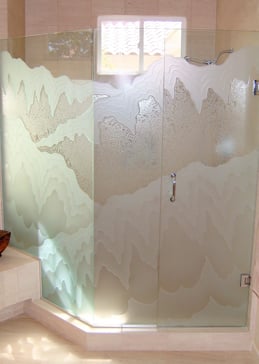 Shower Enclosure with a Frosted Glass Rugged Waves Abstract Design for Semi-Private by Sans Soucie Art Glass