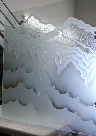 Window with a Frosted Glass Rugged Waves Abstract Design for Semi-Private by Sans Soucie Art Glass