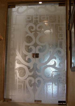 Interior Glass Door showcasing a Frosted Glass Geometric Design with Sandblast Etched Glass Art by Sans Soucie Seville Geo Design