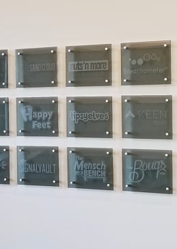 Art Glass Wall Sign Featuring Sandblast Frosted Glass by Sans Soucie for Not Private with Logos Shark Tank Herjavec Group (similar look) Design