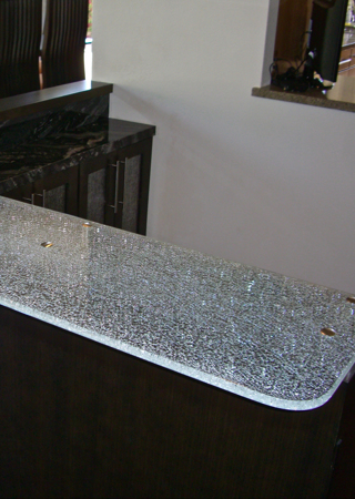 Glass Counter showcasing a Frosted Glass Shattered Glass Design with Sandblast Etched Glass Art by Sans Soucie Shattered Glass Ultra Clear Design