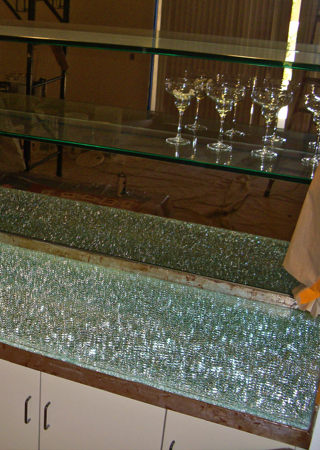Glass Counter featuring Frosted Glass Design Etched Glass by Sans Soucie Art Glass with Custom Patterns Design Shattered Glass Ultra Clear Mirror