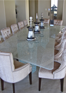 Glass Dining Table with a Frosted Glass Shattered Glass Ultra Clear Boomerang Shattered Glass Design for Not Private by Sans Soucie Art Glass