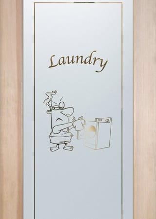 Laundry Room Door featuring Frosted Glass Design Etched Glass by Sans Soucie Art Glass with Custom Whimsical Design Shrunken Shirt