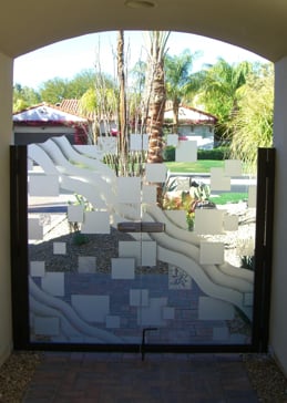 Semi-Private Gate Insert with Sandblast Etched Glass Art by Sans Soucie Featuring Floating Squares & Waves Geometric Design