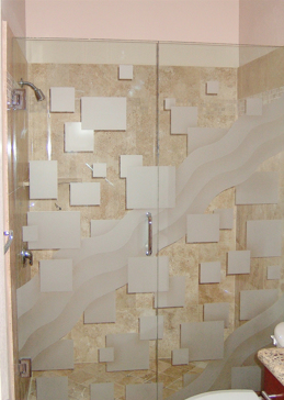 Semi-Private Shower Enclosure with Sandblast Etched Glass Art by Sans Soucie Featuring Floating Squares & Waves Geometric Design