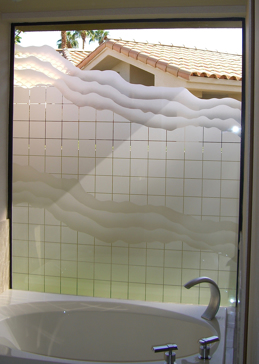 Art Glass Window Featuring Sandblast Frosted Glass by Sans Soucie for Semi-Private with Geometric Squares & Waves Design