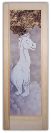 Interior Door showcasing a Frosted Glass Western Design with Sandblast Etched Glass Art by Sans Soucie Lone Stallion I Design