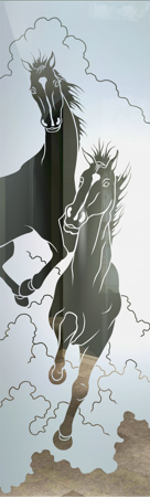 Door Glass Insert featuring Frosted Glass Design Etched Glass by Sans Soucie Art Glass with Custom Western Design Stallions