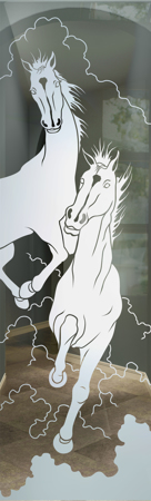 Door Glass Insert featuring Frosted Glass Design Etched Glass by Sans Soucie Art Glass with Custom Western Design Stallions