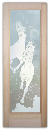 Bathroom Door featuring Frosted Glass Design Etched Glass by Sans Soucie Art Glass with Custom Western Design Stallions
