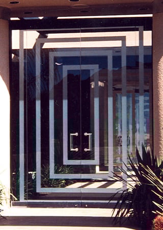 All Glass Gate showcasing a Frosted Glass Geometric Design with Sandblast Etched Glass Art by Sans Soucie Stenosis Design