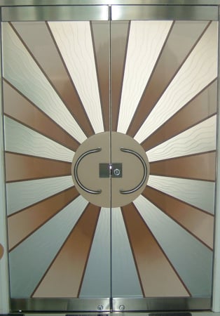 All Glass Front Door featuring Frosted Glass Design Etched Glass by Sans Soucie Art Glass with Custom Geometric Design Sun Beam