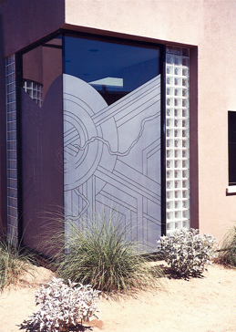 Handmade Sandblasted Frosted Glass Window for Semi-Private Featuring a Geometric Design Sun Odyssey Bolt II by Sans Soucie