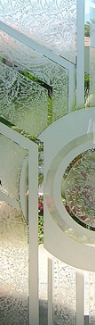 Art Glass Interior Featuring Sandblast Frosted Glass by Sans Soucie for Semi-Private with Geometric Sun Odyssey Design