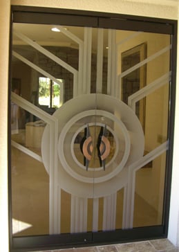 Handcrafted Etched Glass Exterior Glass Door by Sans Soucie Art Glass with Custom Geometric Design Called Sun Odyssey III Creating Semi-Private