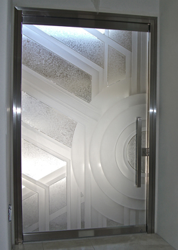 Exterior Glass Door with a Frosted Glass Sun Odyssey IX Geometric Design for Semi-Private by Sans Soucie Art Glass